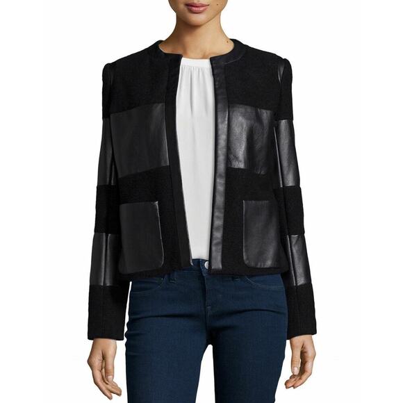L'AGENCE Harper Black Leather Trim Wool Panel Jacket Blazer Size 2